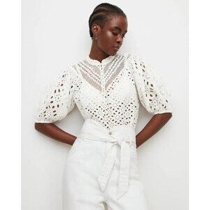 Allsaints Tila Puff Sleeve Cotton Eyelet Top Notch V-Neck Romantic White Women 8